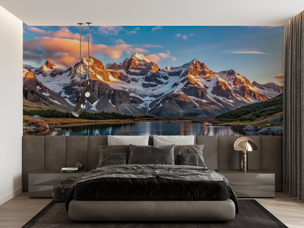 Mountain vista mural adding drama to master bedroom with warm lighting