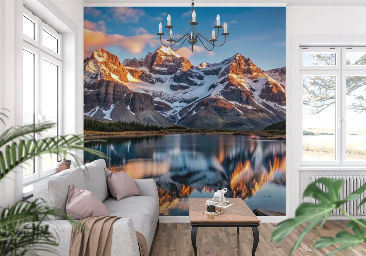 Snowy peaks wallpaper making home office feel spacious and inspiring