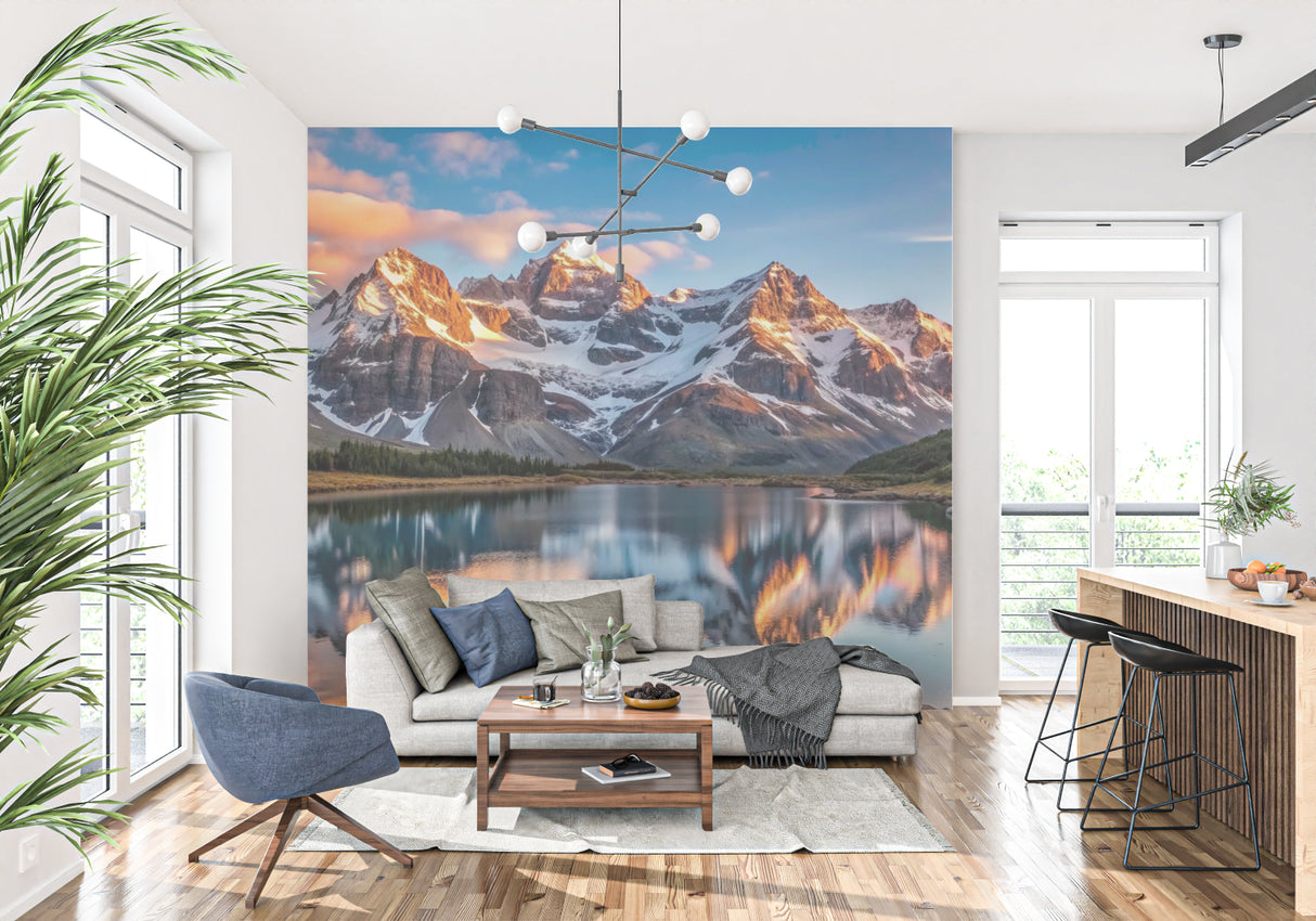 Mountain scene mural brightening dining room with golden hour glow