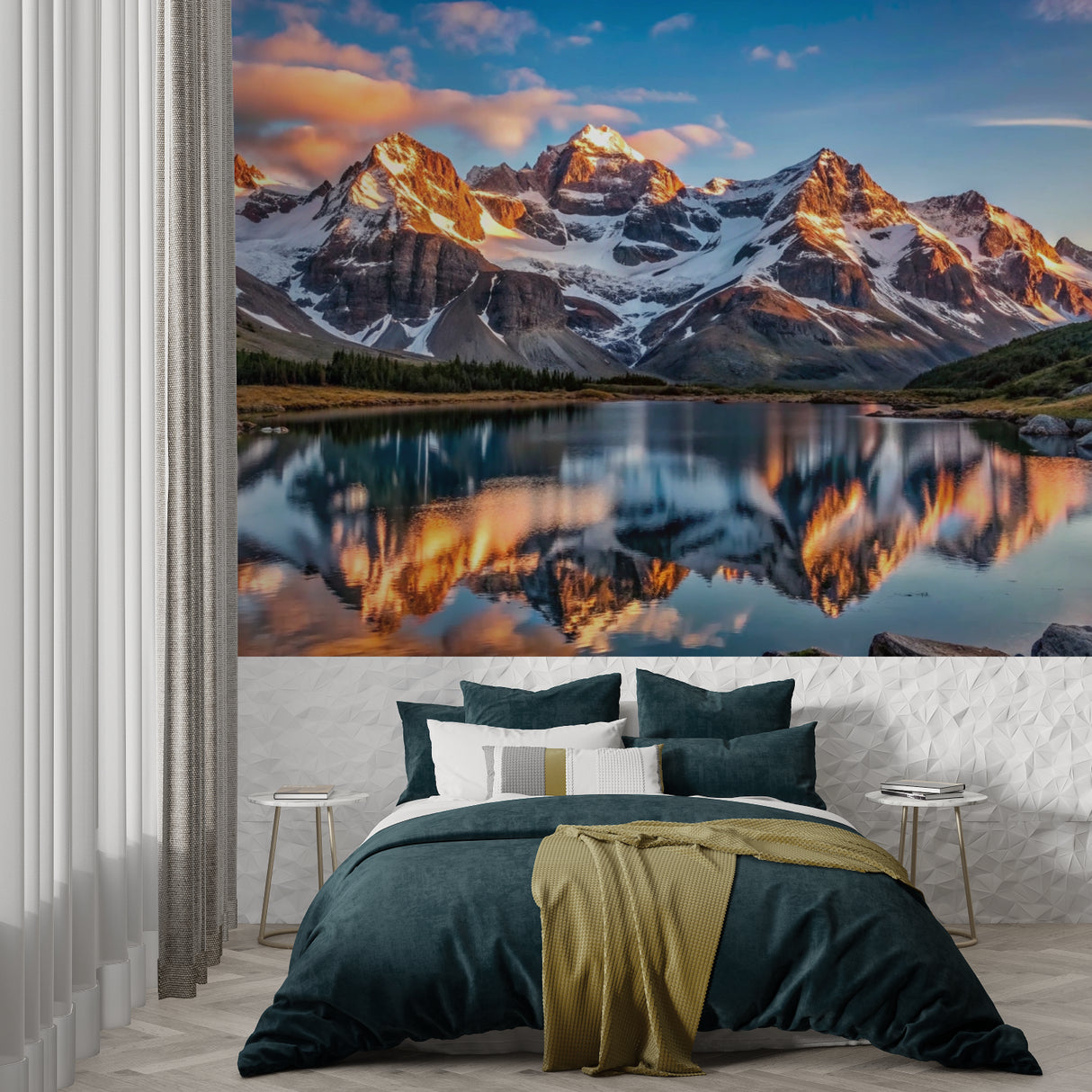 Alpine landscape wallpaper transforming meditation room into peaceful retreat