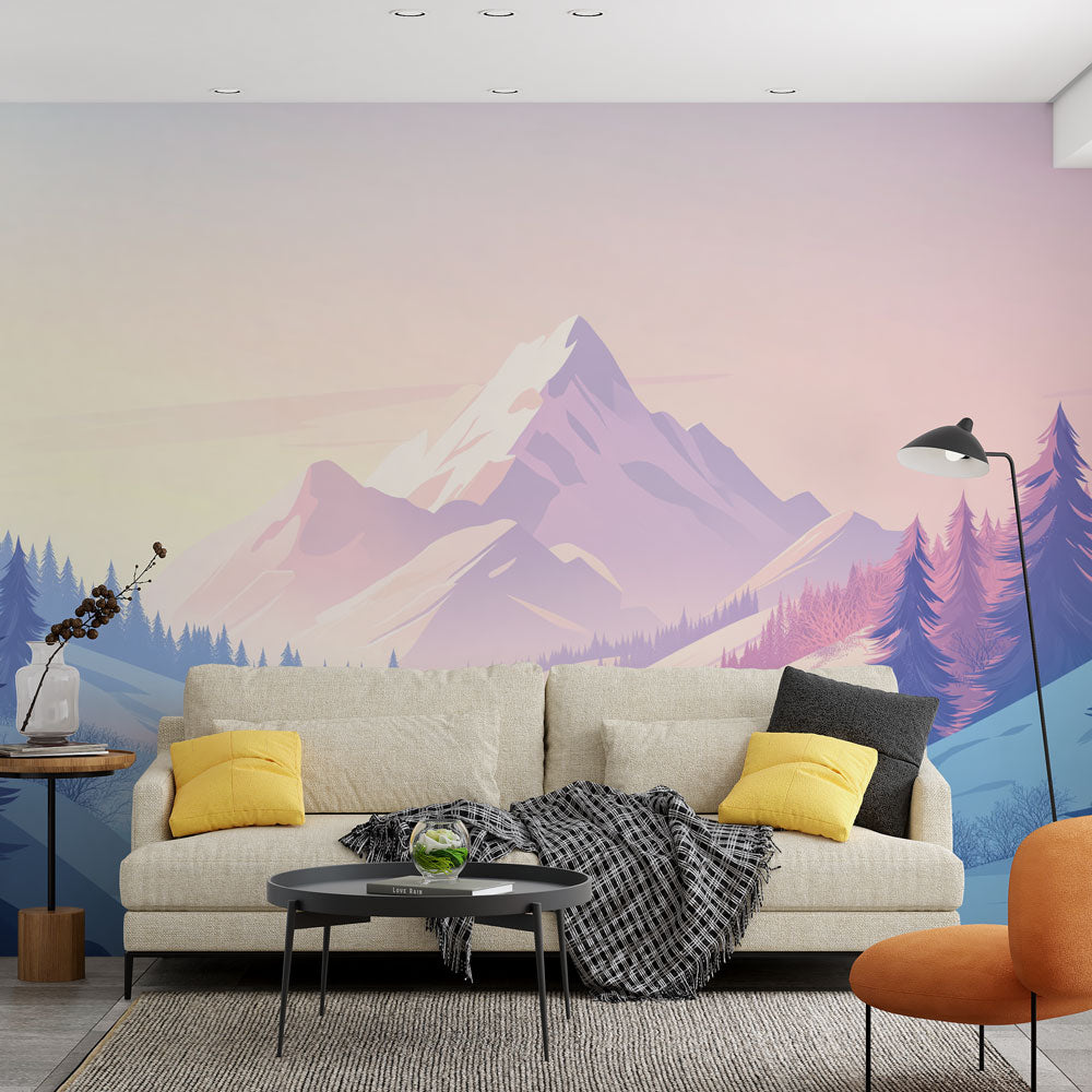 Mountain landscape wallpaper creating a serene atmosphere in a modern living room with minimalist furniture