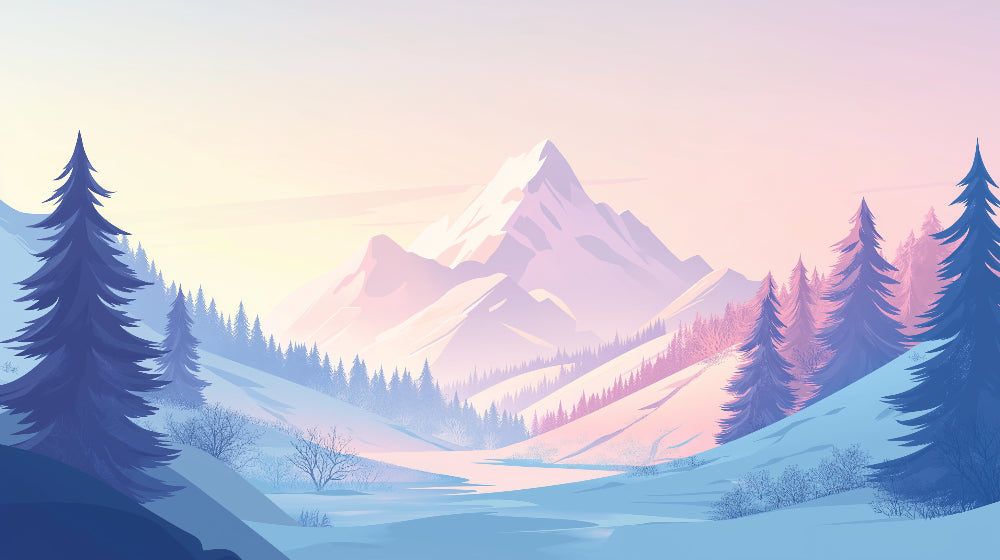 Mountain mural design file showing detailed snowy peaks and pastel sunset colors