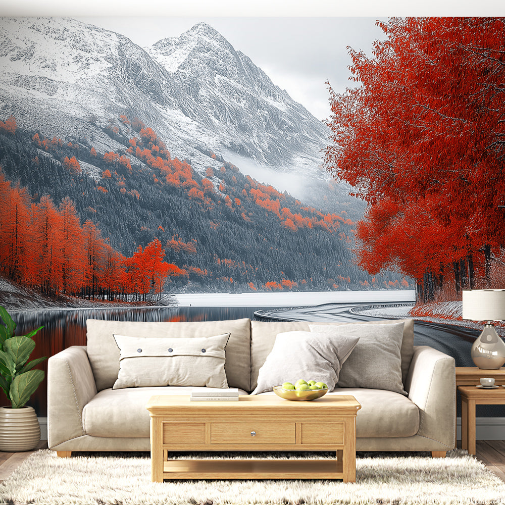 Mountain landscape wallpaper with red forest and snowy peaks displayed in a modern living room setting