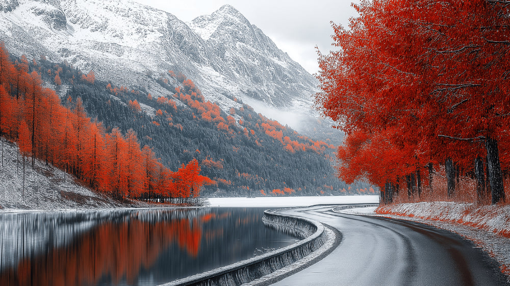 Mountain wall mural design file showing detailed snowy peaks and red forest pattern