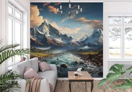 Mountain landscape wallpaper creating depth in a modern living room with minimal furniture
