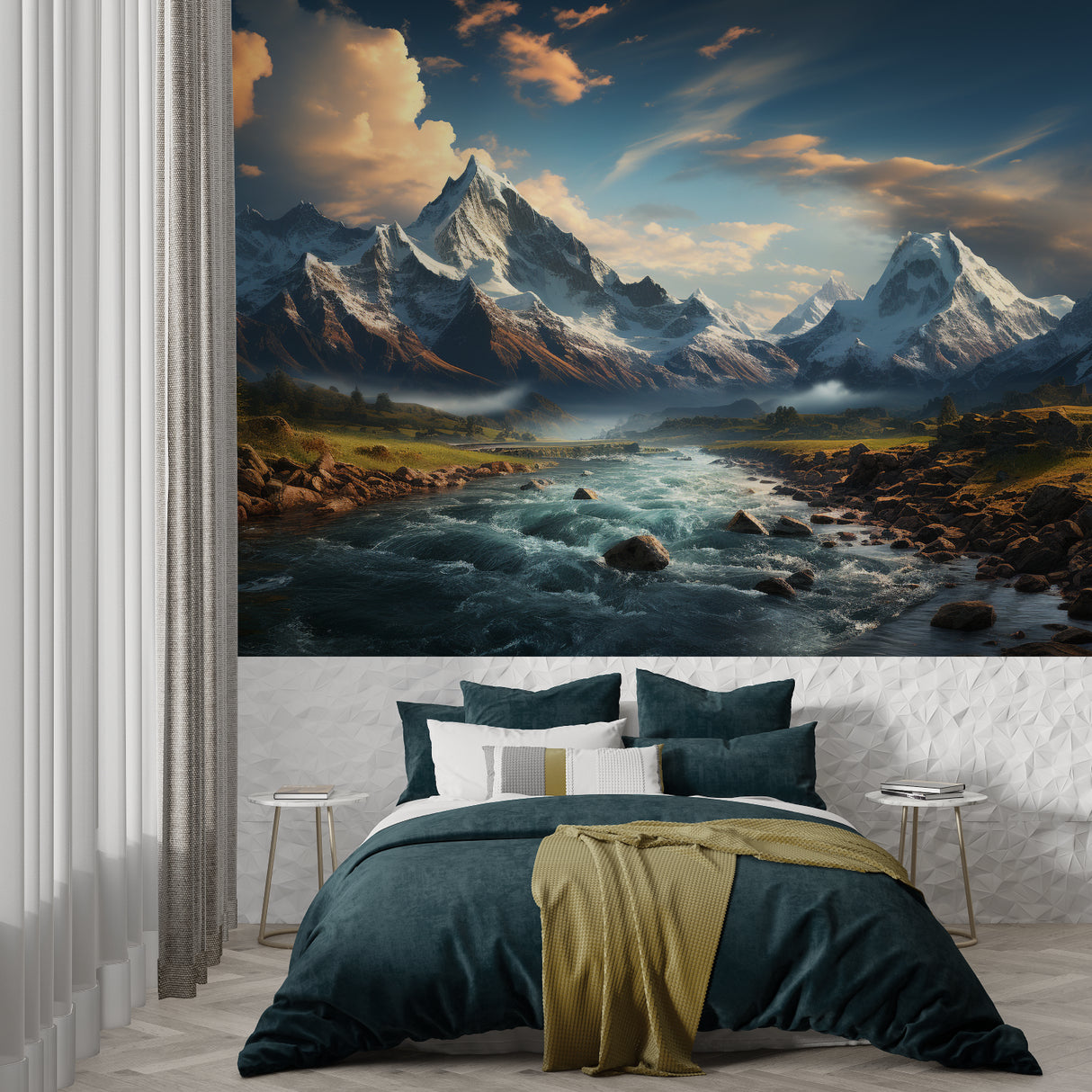 Mountain peak wallpaper transforming a home office with panoramic nature view
