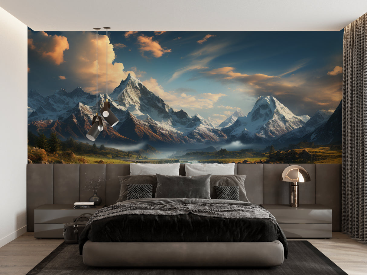 Mountain landscape mural creating impact in a contemporary entrance hall
