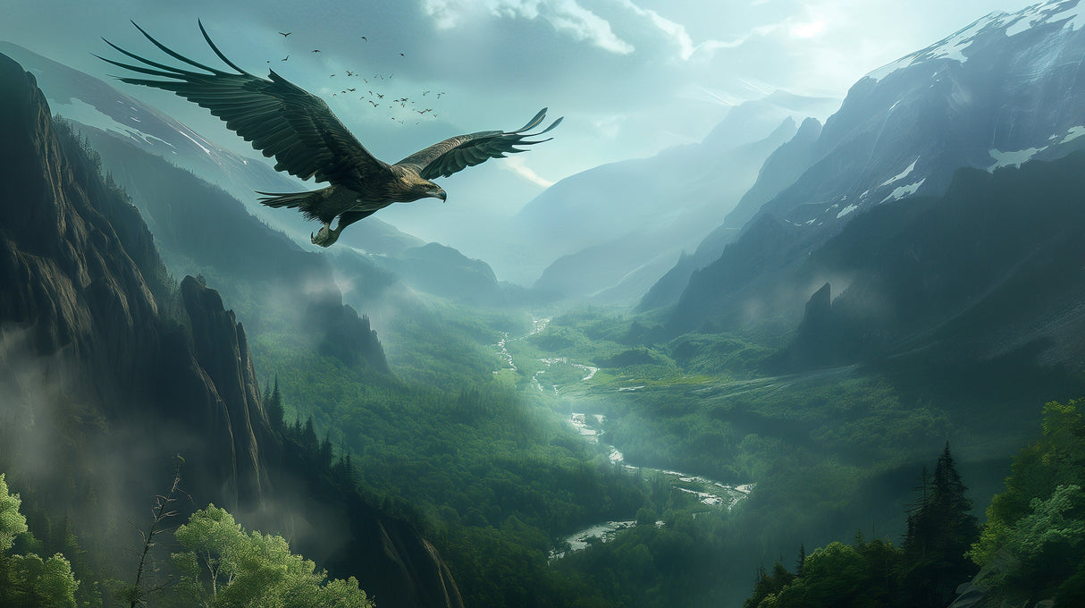 Mountain landscape wallpaper with soaring eagle shown in a modern living room, creating depth and drama