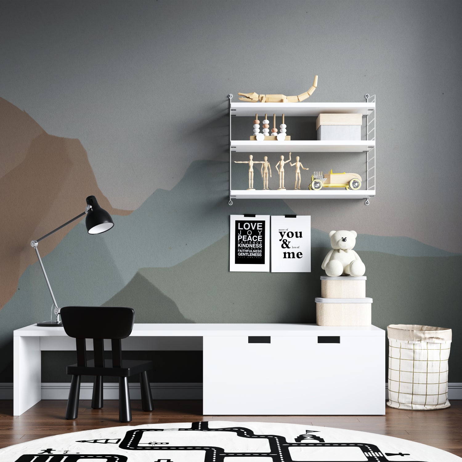 Soft mountain wallpaper design complementing a peaceful home office space
