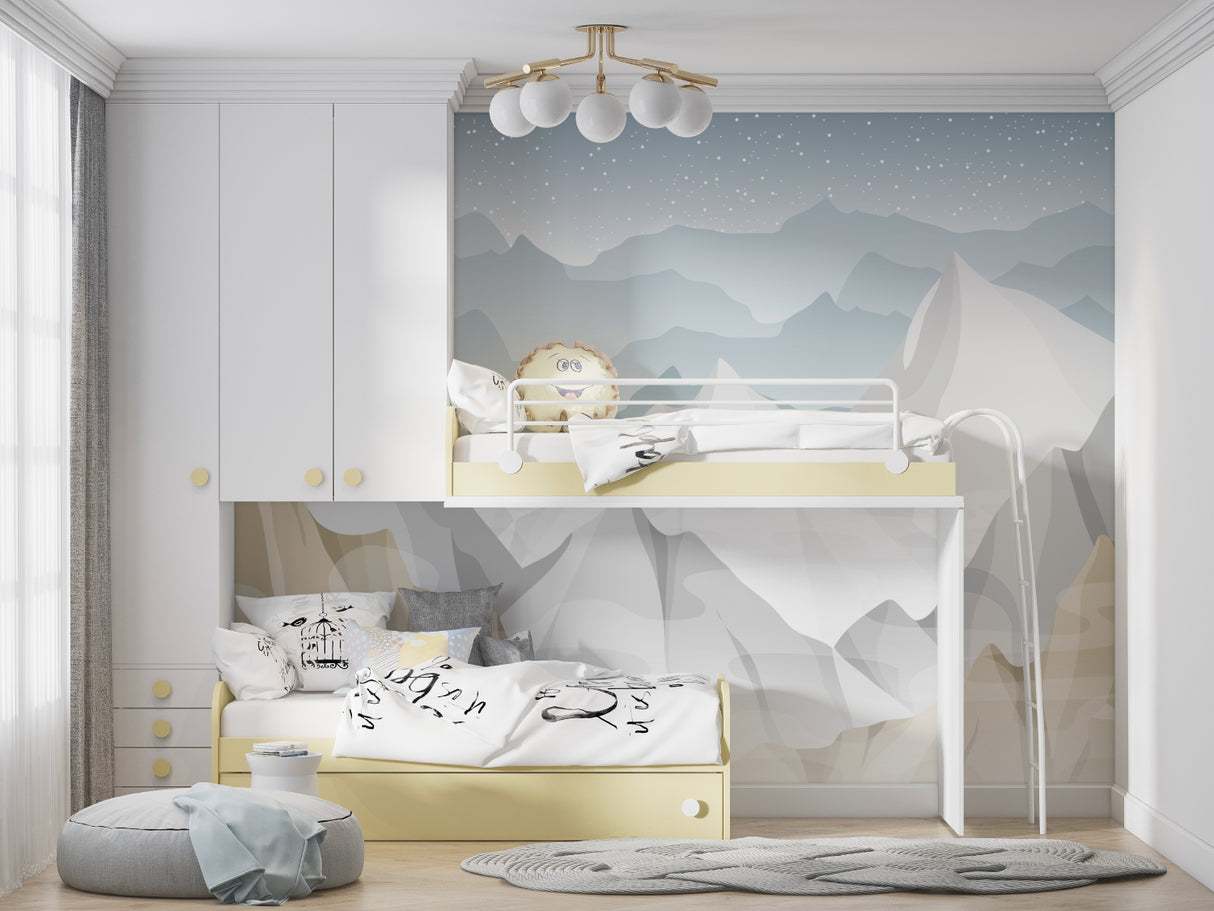 Mountain and stars wallpaper in a cozy nursery with wooden crib and soft lighting