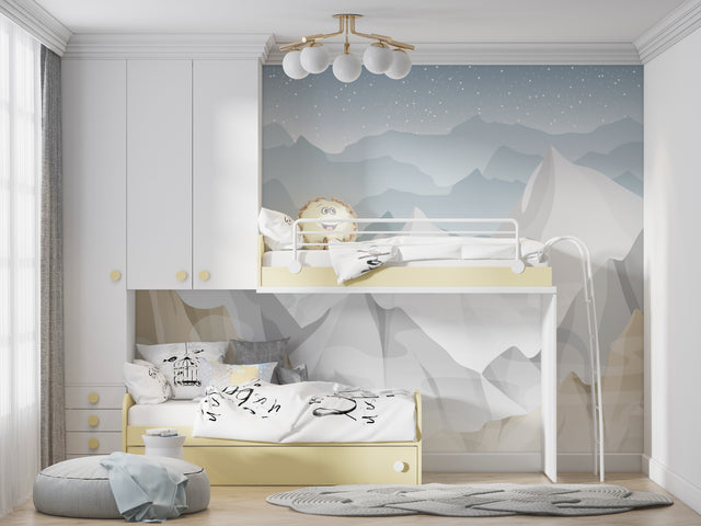 Mountain and stars wallpaper in a cozy nursery with wooden crib and soft lighting