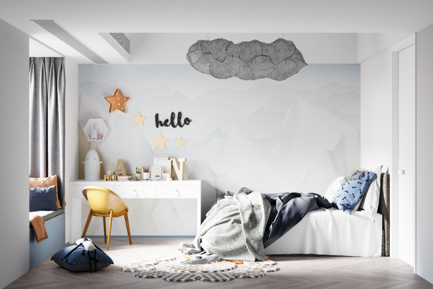 Kids bedroom featuring mountain landscape wallpaper with reading nook and star details