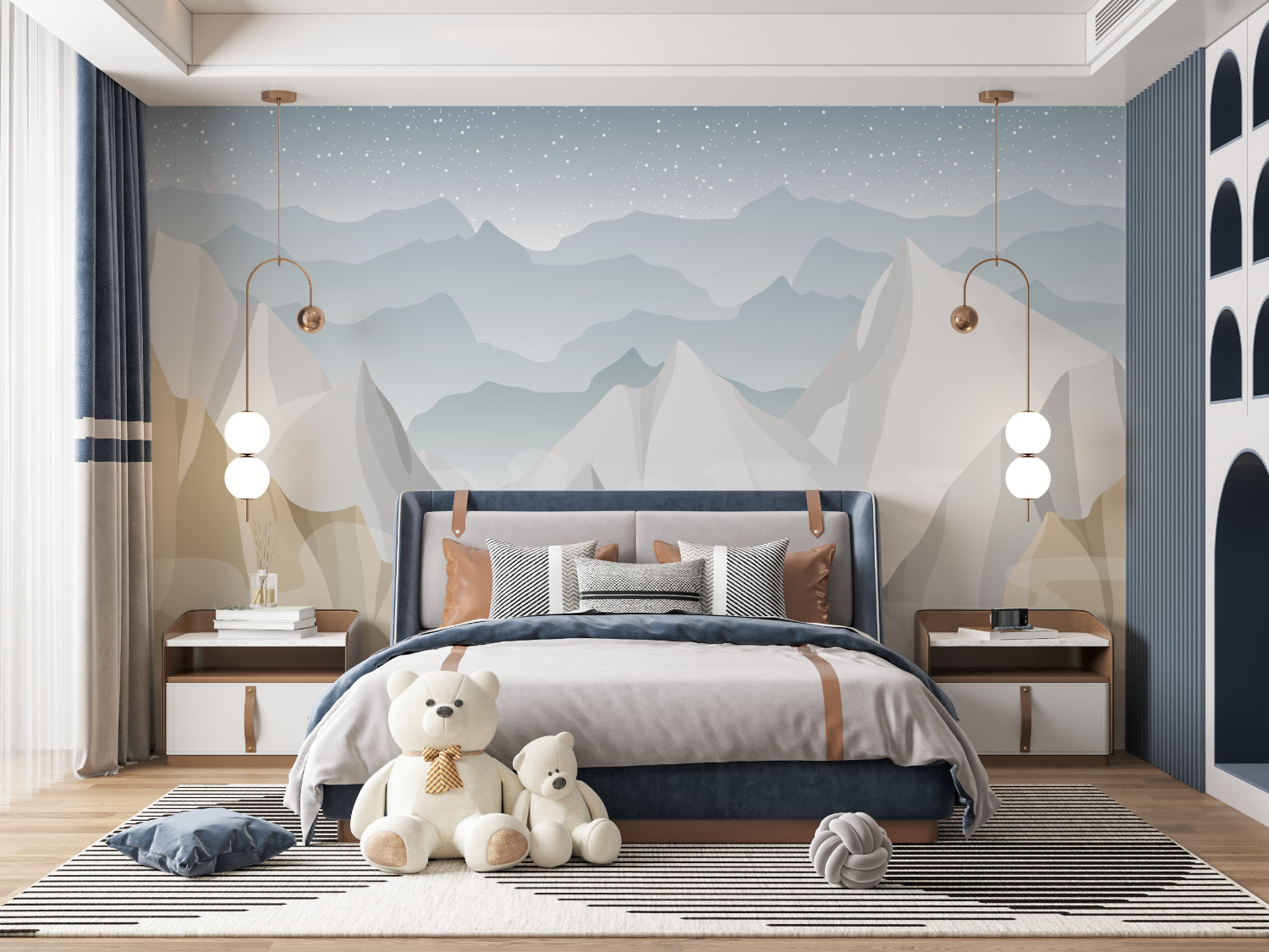 Playroom decorated with mountain mural wallpaper showing depth and starry night effect