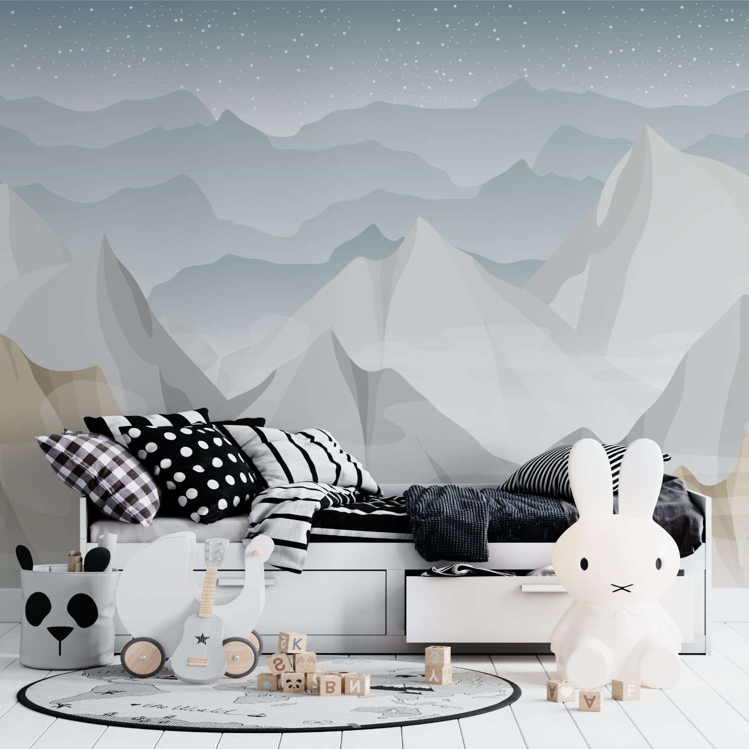 Modern nursery with mountain wallpaper mural creating a peaceful sleep environment