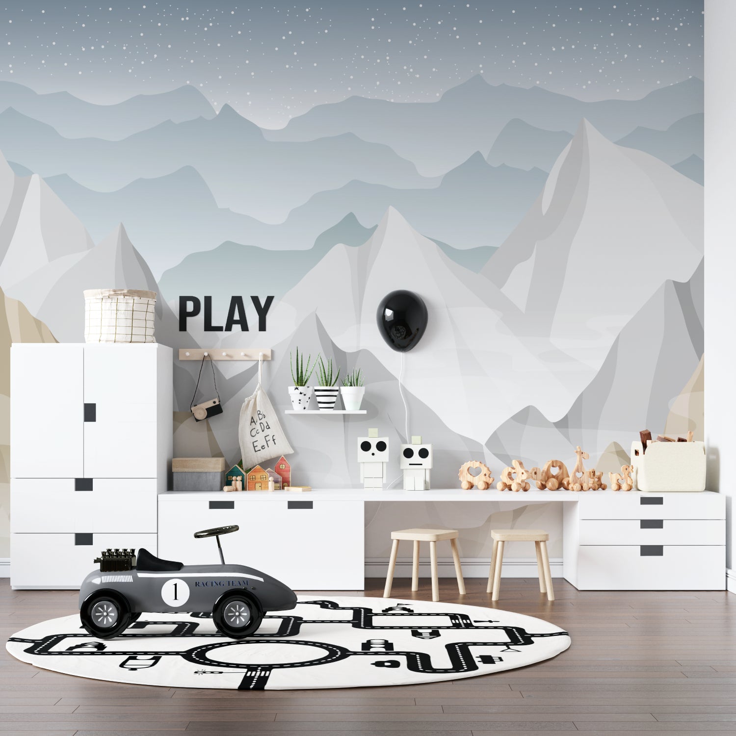 Teen bedroom showcasing minimalist mountain and stars wallpaper design