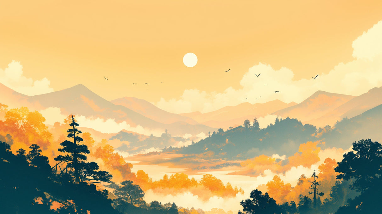 Mountain landscape wallpaper creating depth in a modern living room with sunset colors reflecting off minimal furniture