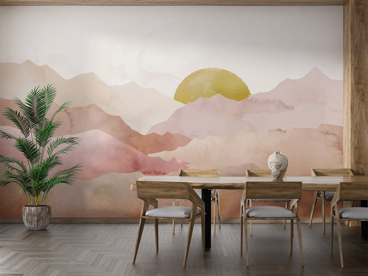 Mountain landscape wallpaper in modern living room with soft sunset colors creating depth