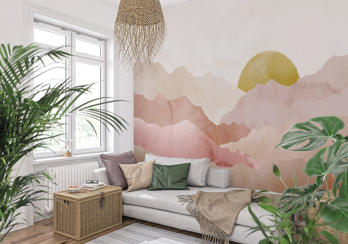 Watercolor mountain mural in bedroom showing scale and warm tones