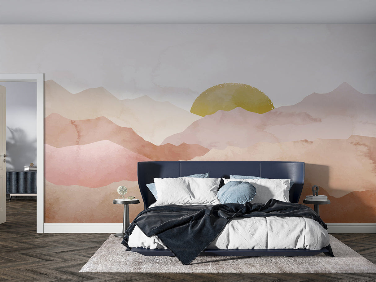 Scenic mountain wallpaper in home office with natural lighting