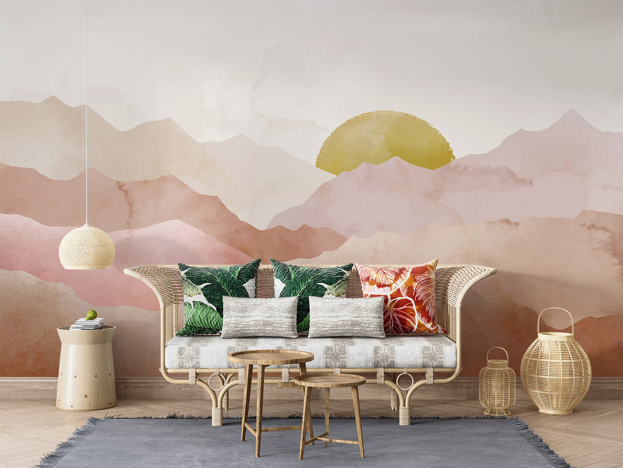 Mountain wall mural in dining room showcasing sunset hues