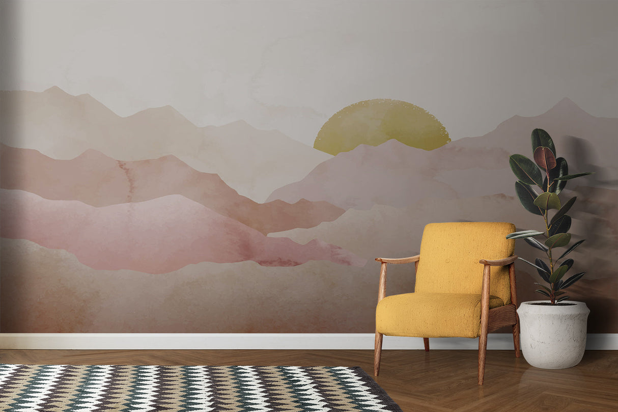 Watercolor mountain wallpaper in entryway with minimalist decor
