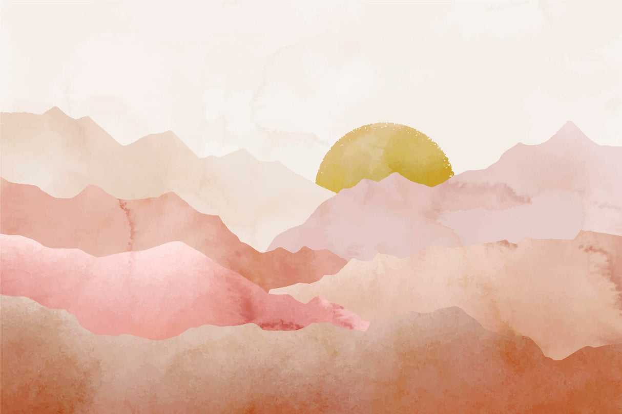 Mountain landscape wallpaper design file showing detailed watercolor texture and sunset gradients