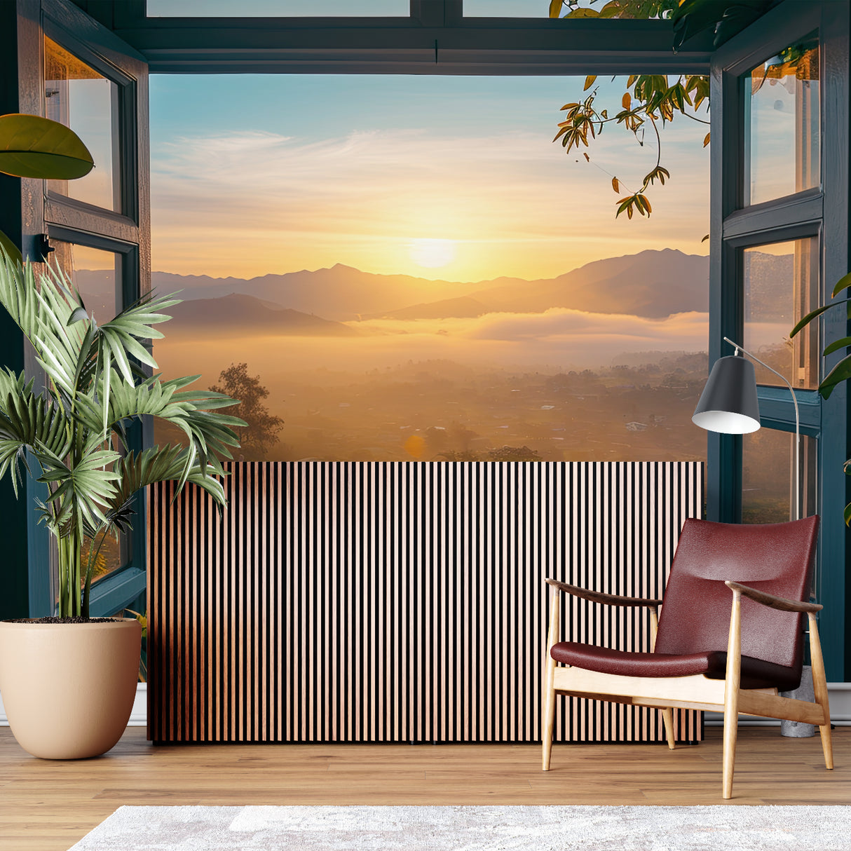 Mountain view wallpaper creating depth in modern living room with natural light