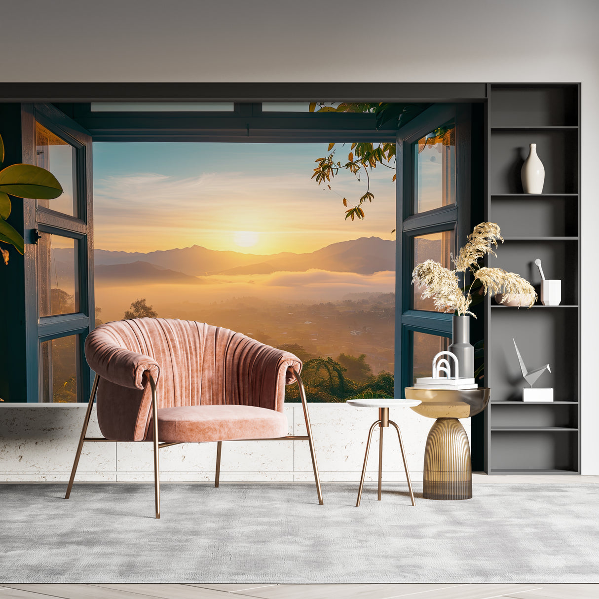 Scenic mountain mural wallpaper in cozy bedroom setting with warm lighting