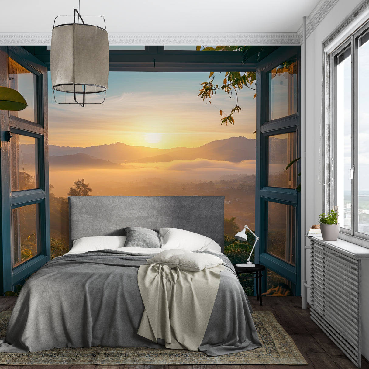 Mountain vista wallpaper adding depth to dining room with sunset glow