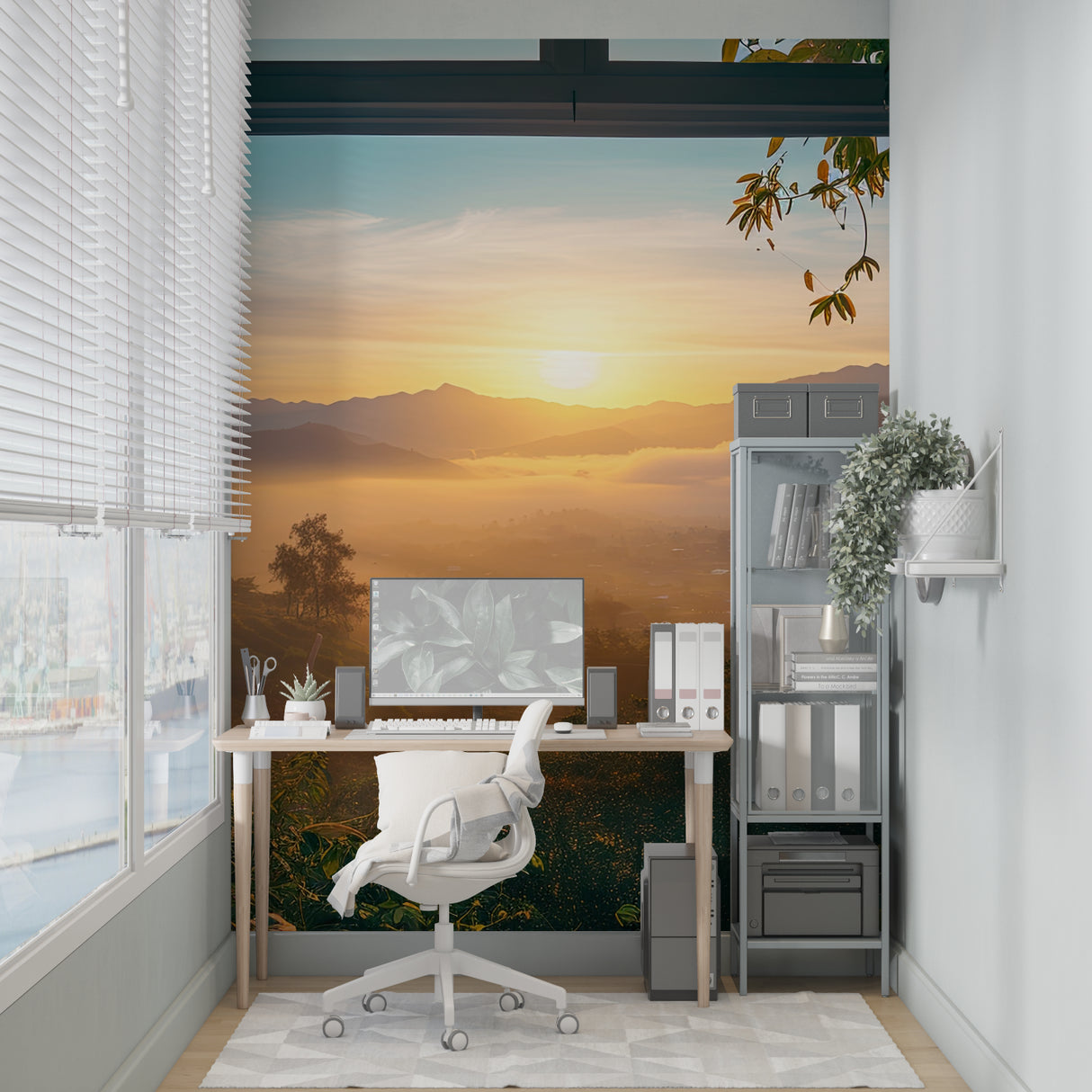 Panoramic mountain wallpaper creating window effect in meditation room