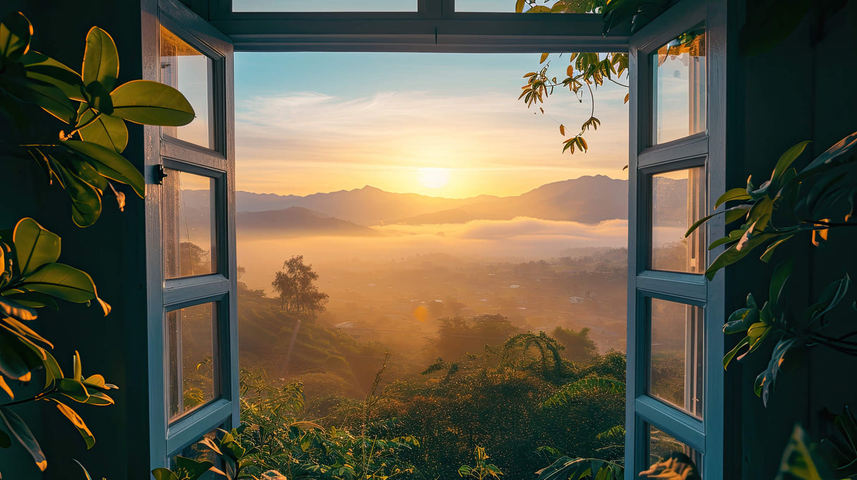 Mountain landscape design file showing detailed sunset colors and window frame elements