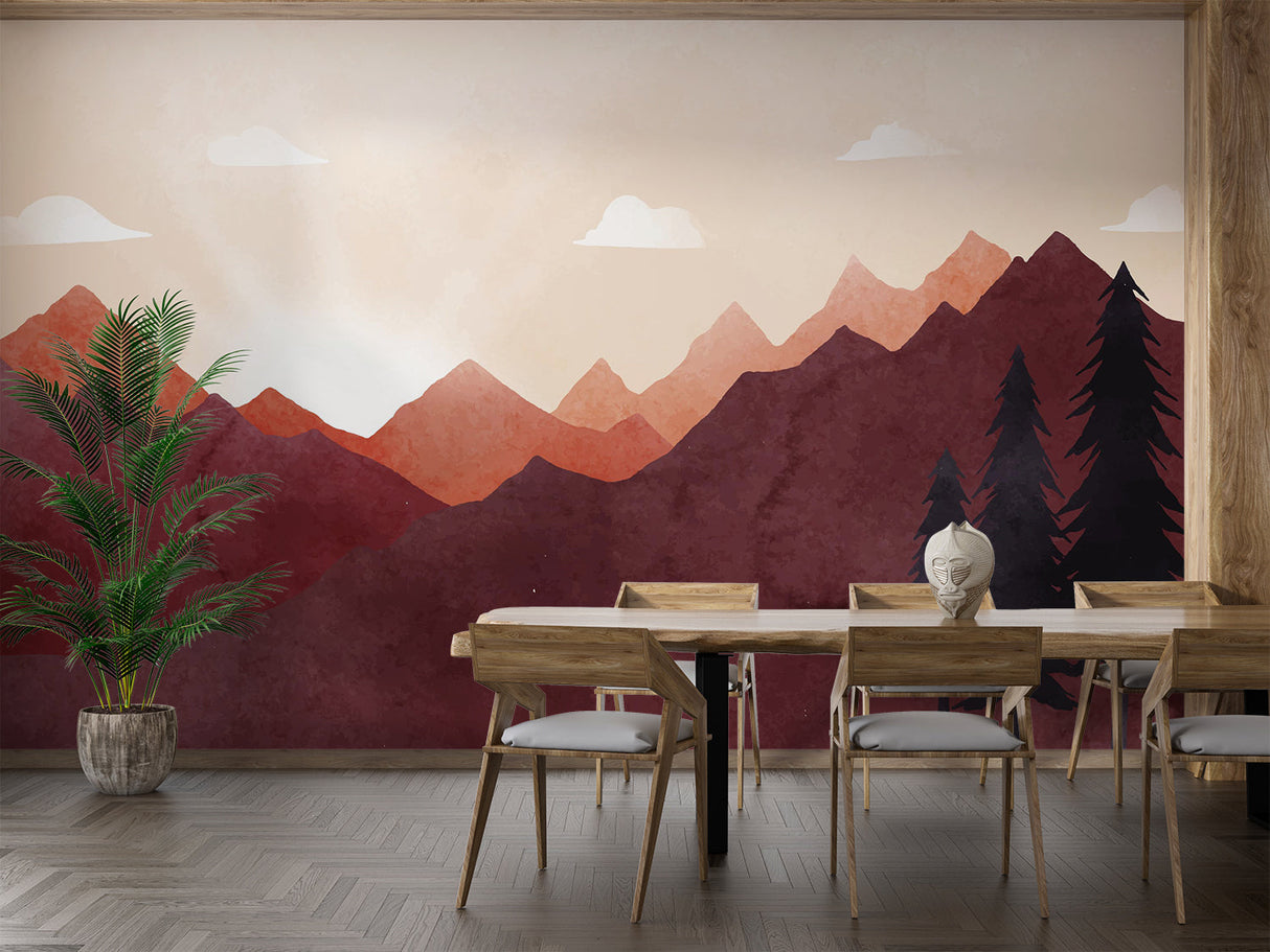 Mountain range wallpaper creating a striking focal point in a modern living room with minimal furniture