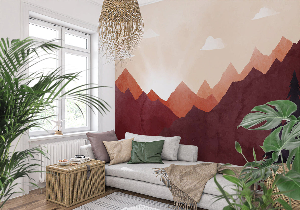 Terracotta mountain mural adding warmth to a cozy bedroom setting