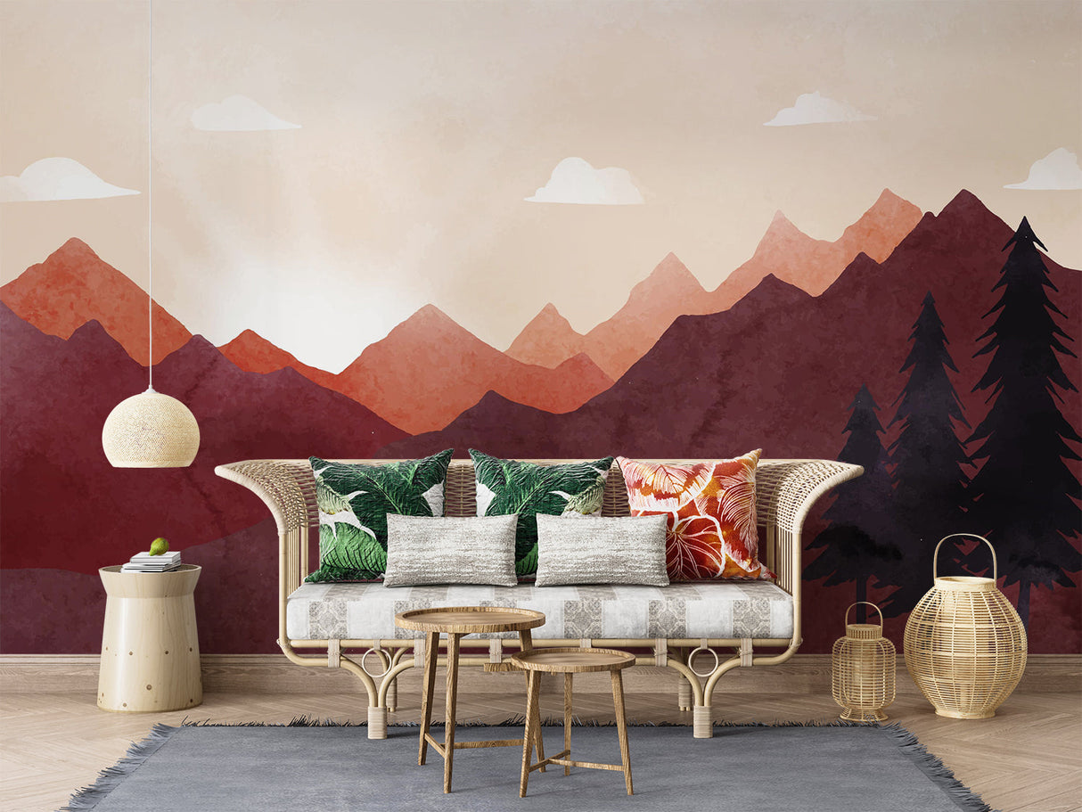 Mountain peak wallpaper transforming a home office with serene nature views