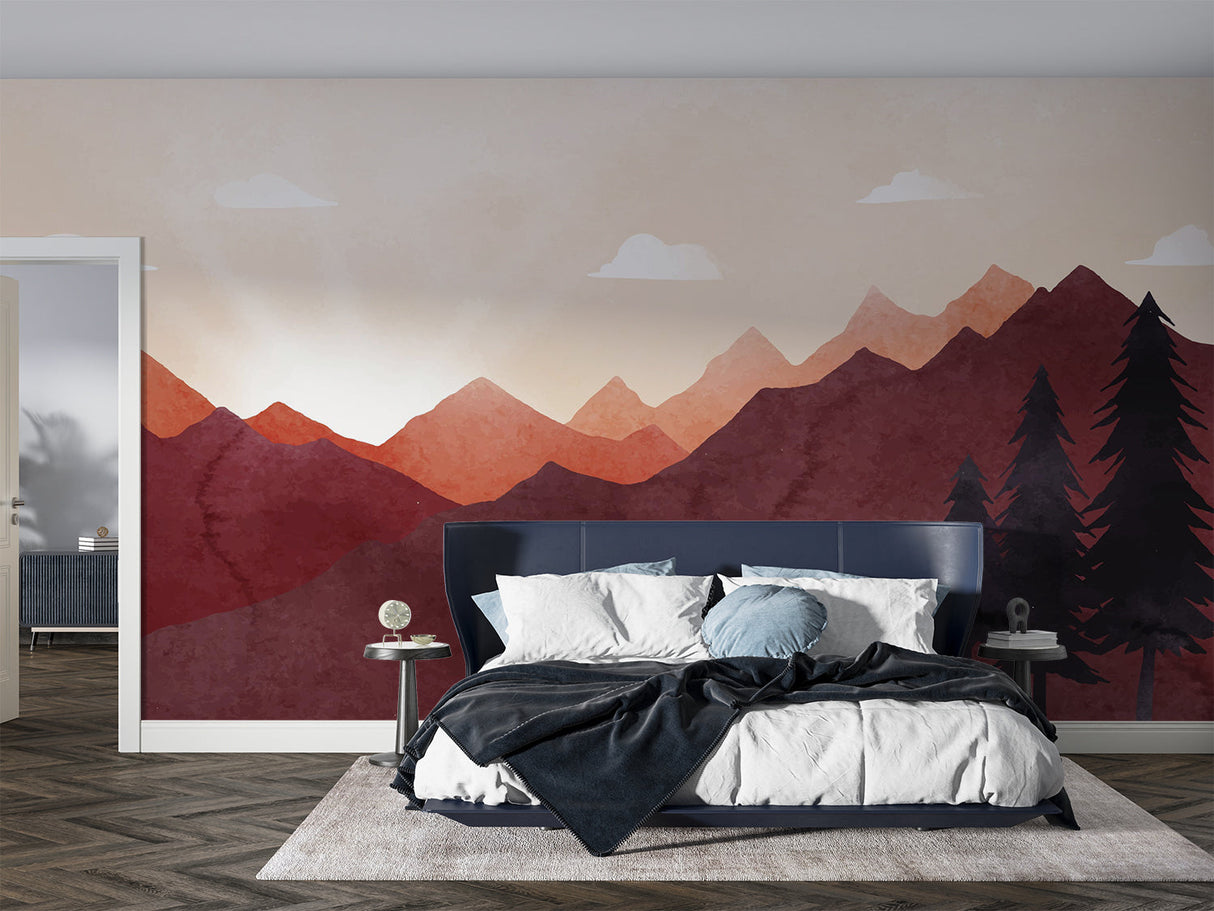 Scenic mountain wallpaper making a dramatic statement in dining room