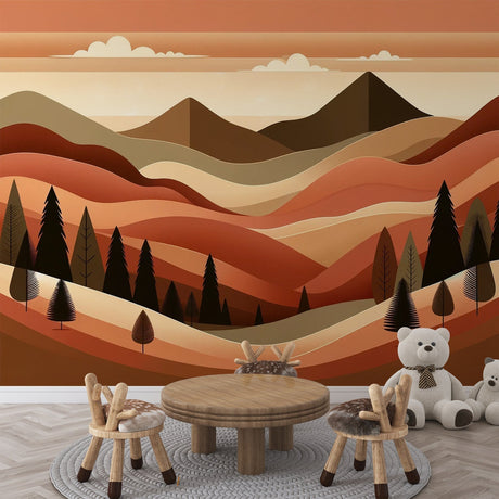 Mountain landscape wallpaper in cozy living room setting, warm terracotta tones creating a peaceful atmosphere
