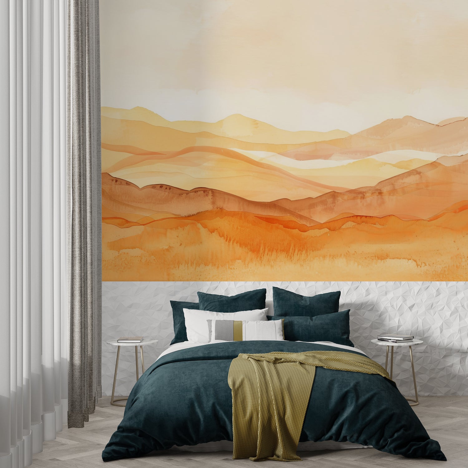 Mountain wall mural in modern living room, warm terracotta tones create serene atmosphere