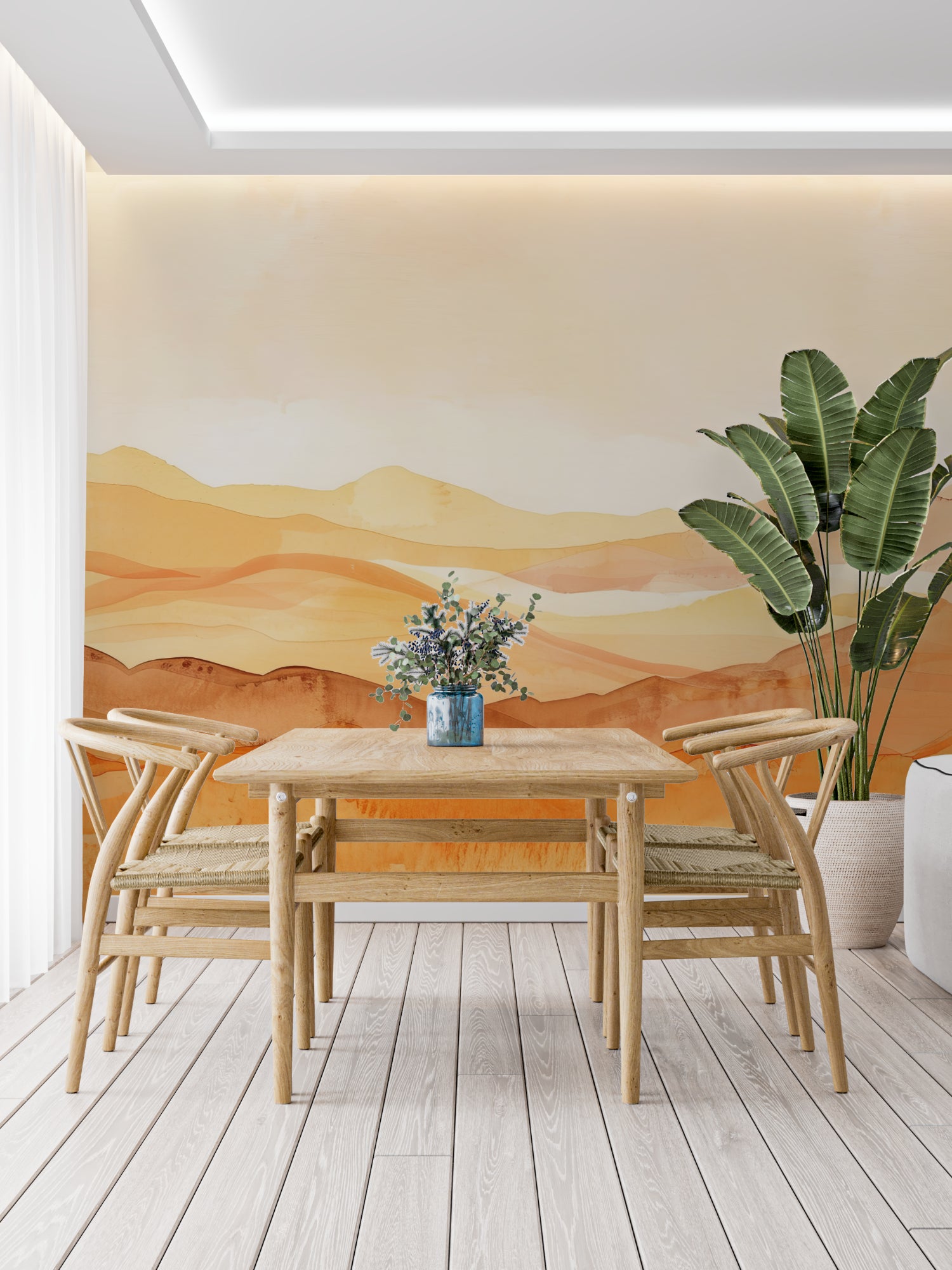 Terracotta mountain wallpaper in dining area, soft watercolor design adds depth