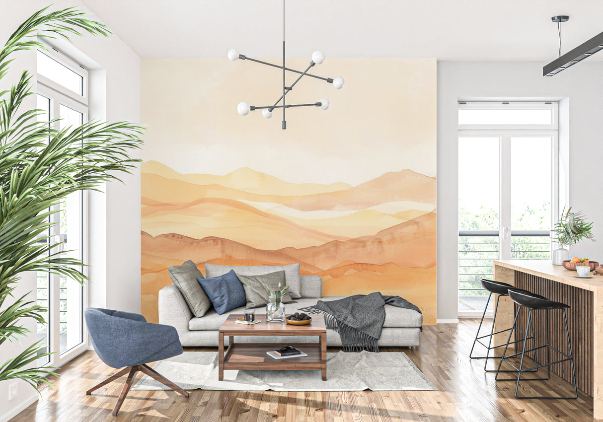 Abstract mountain mural in bedroom, gentle earth tones flow across wall