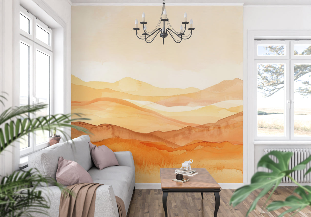 Watercolor mountain wallpaper in office space, creating calm working environment