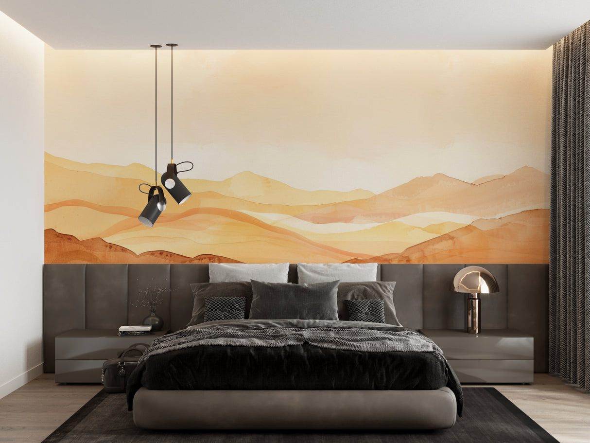 Mountain landscape mural in hallway, showing seamless installation