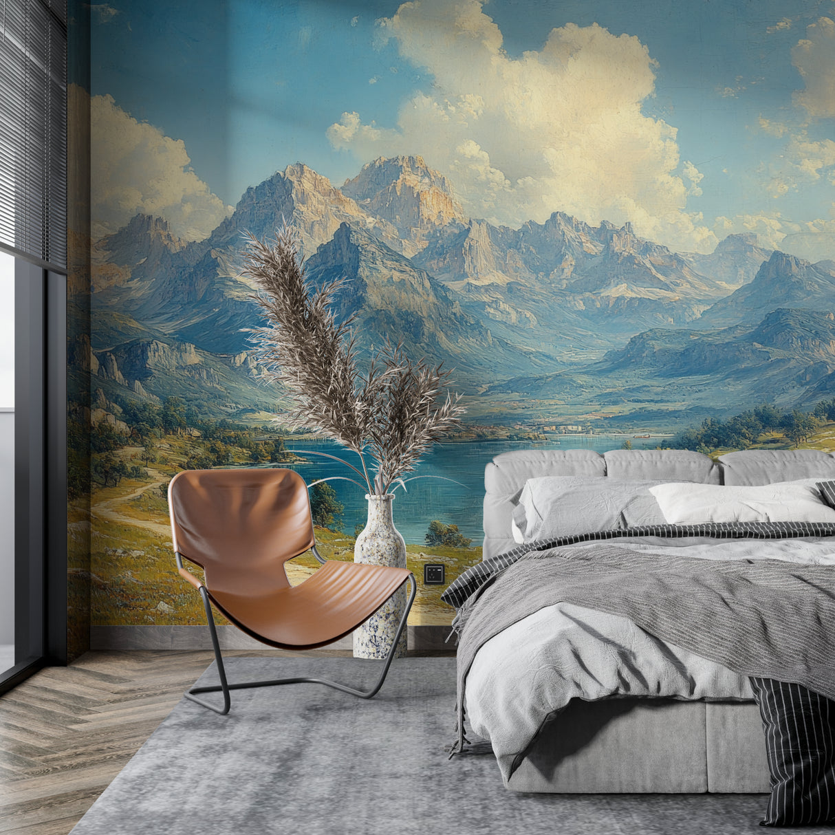 Mountain lake wallpaper in modern living room with natural light highlighting the scenic alpine view