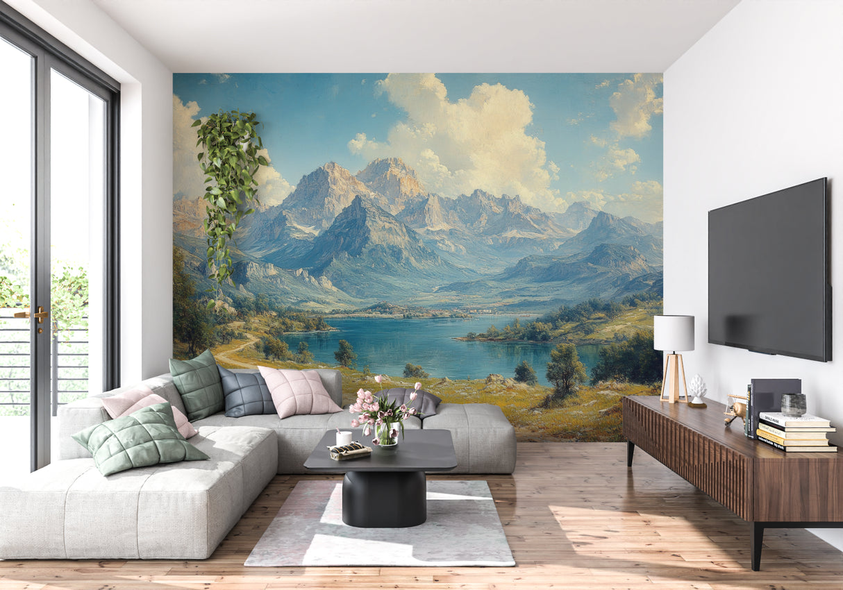 Bedroom featuring mountain landscape mural creating a peaceful alpine retreat atmosphere