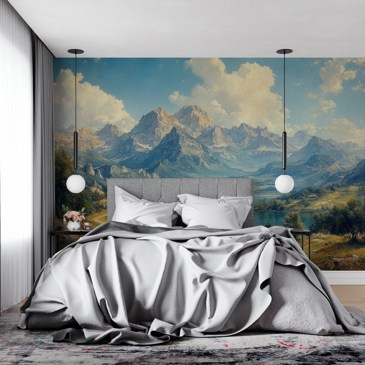 Home office with vintage mountain lake wallpaper showing scale and depth