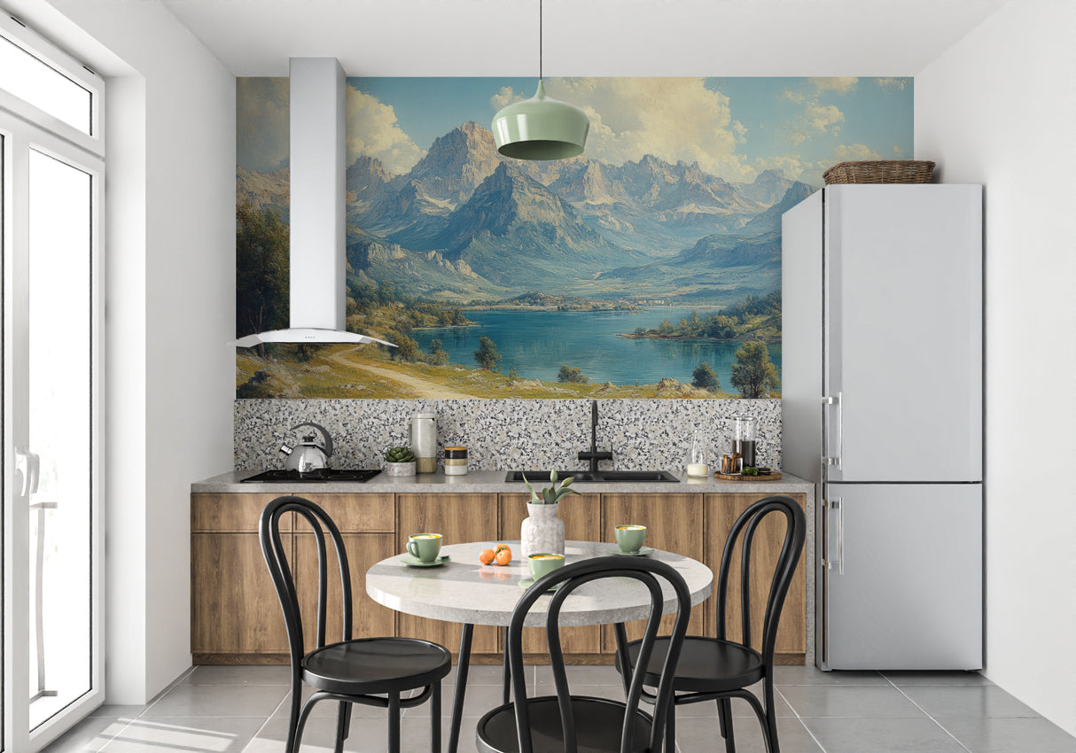 Dining room transformed with alpine lake mural showcasing morning light effect