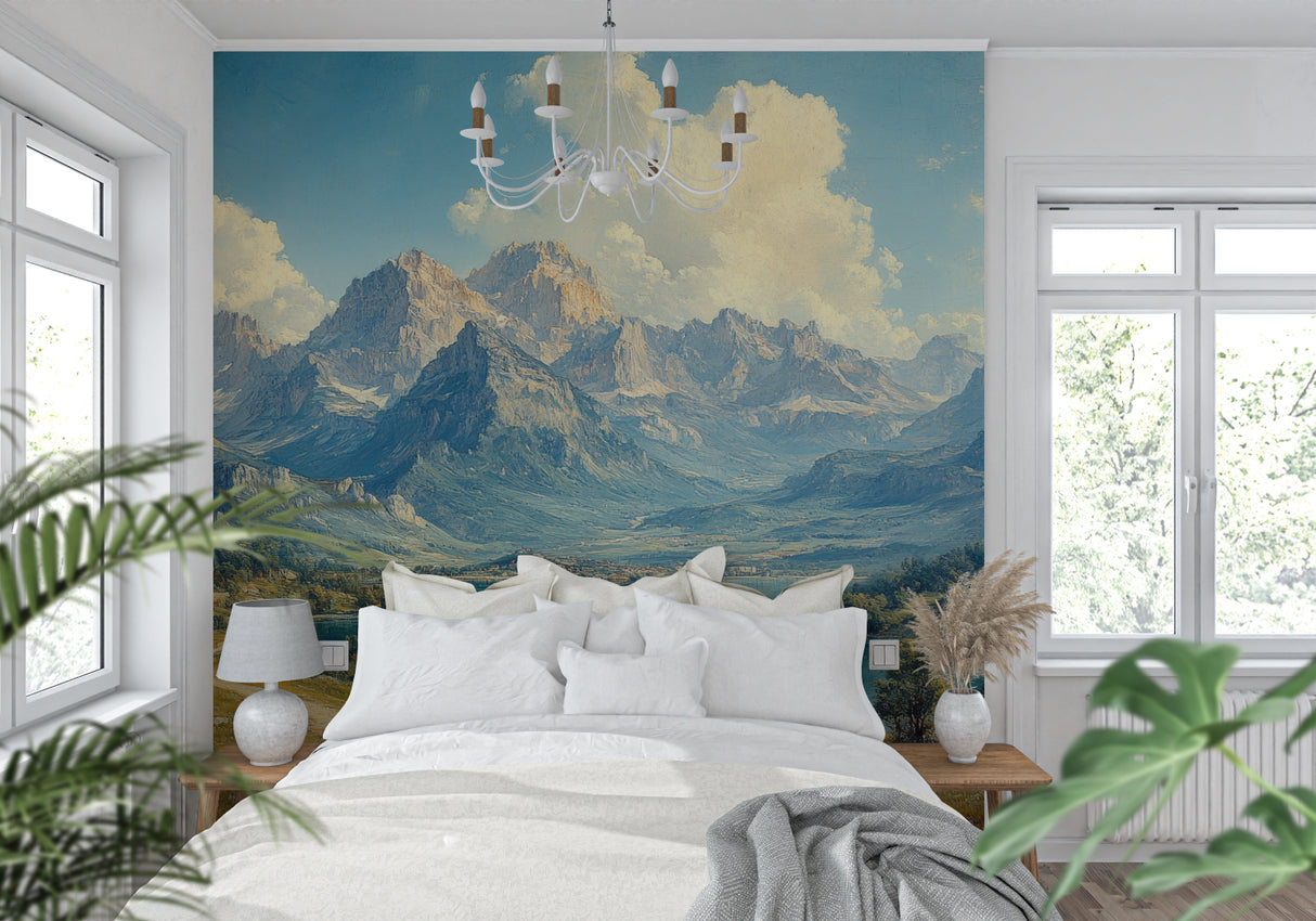 Mountain wallpaper in meditation room highlighting the serene lake view