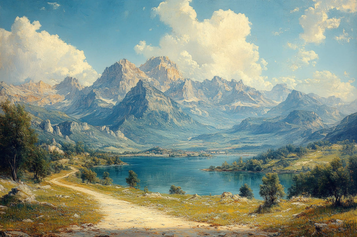 Mountain lake landscape design file showing detailed vintage alpine pattern and rich natural colors