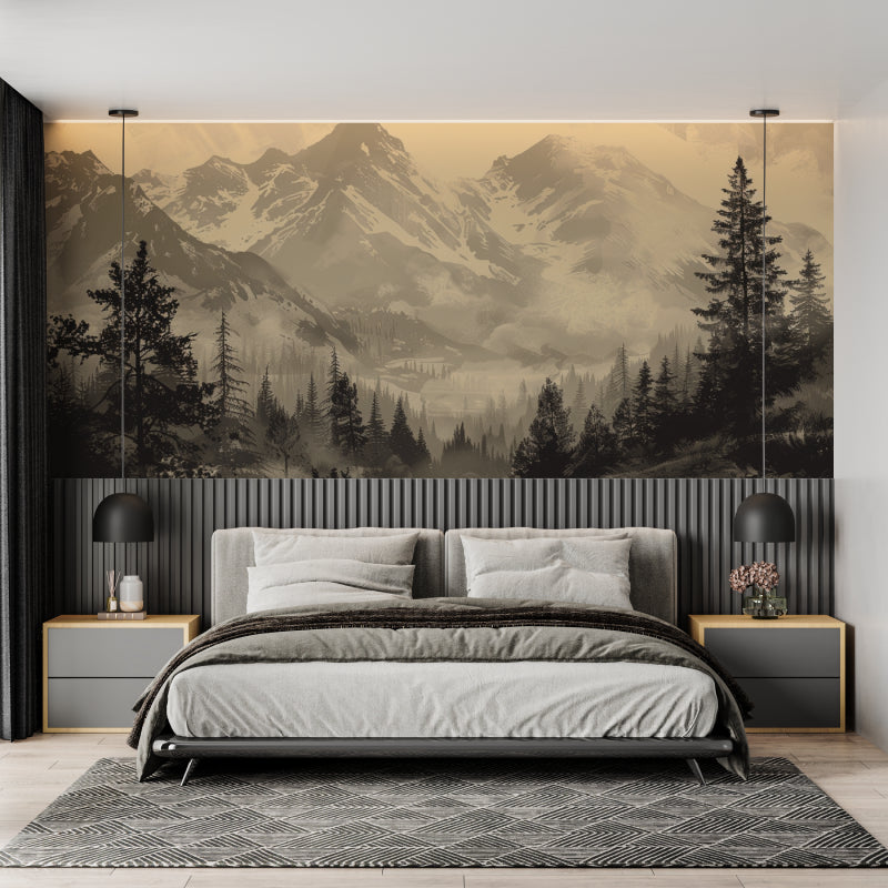 Mountain landscape wallpaper creating depth in modern living room with grey sofa