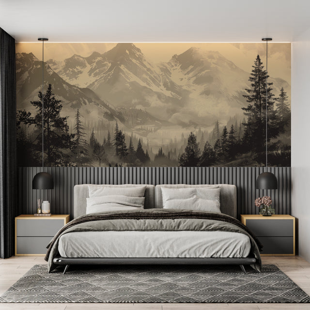 Mountain landscape wallpaper creating depth in modern living room with grey sofa