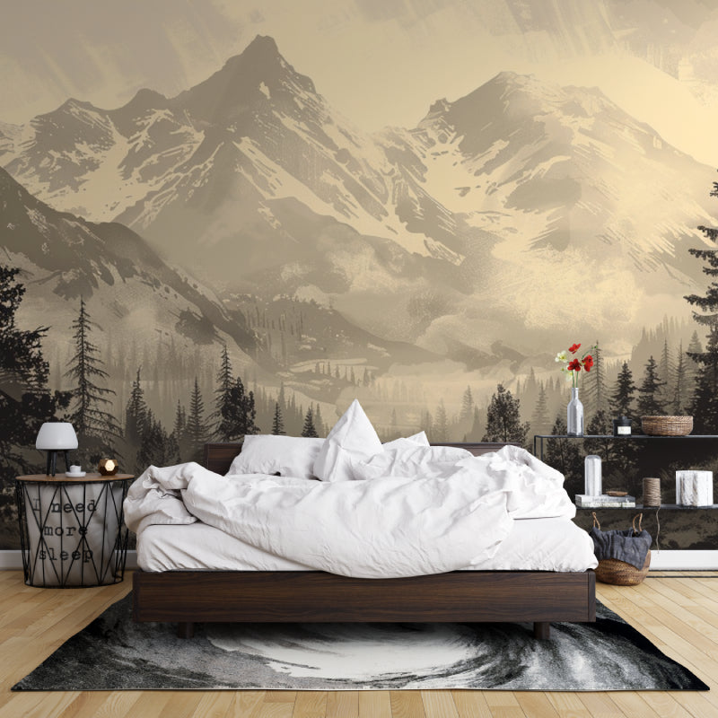 Sepia mountain mural in cozy bedroom setting with natural light